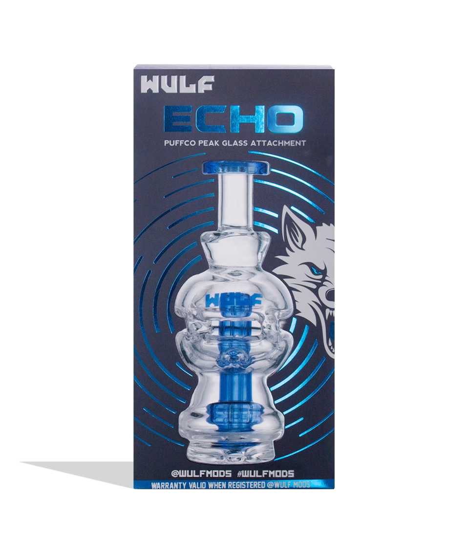 Wulf Mods Echo Puffco Peak Top Blue packaging front view on white background