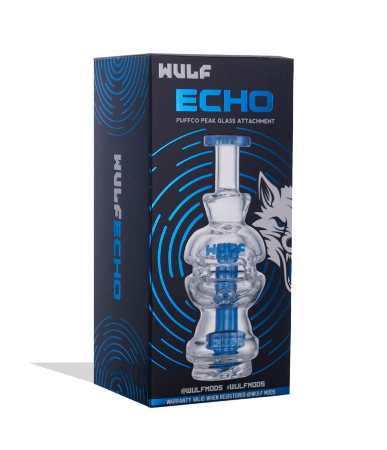 Wulf Mods Echo Puffco Peak Top Blue packaging side view on white background